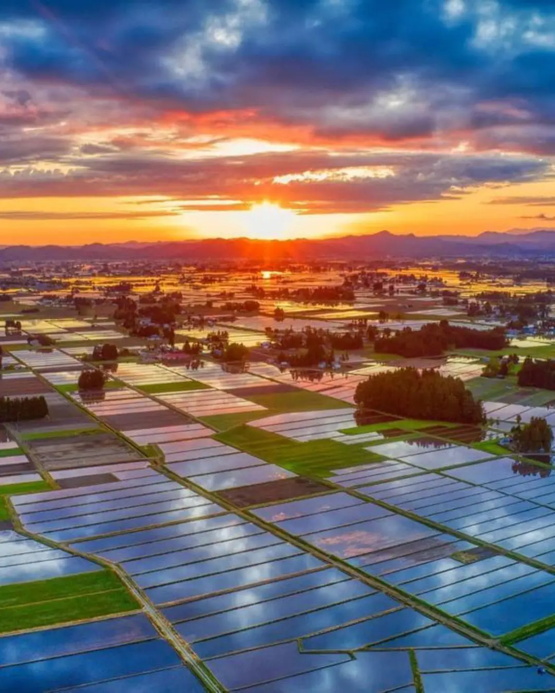 田植えの時期にしか見られない、水鏡が広がる幻想的な田園風景